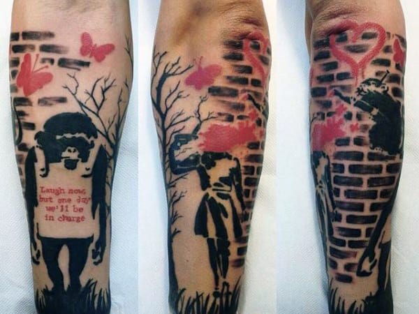 Guys Lower Forearm Banksy Themed Sleeve Tattoo