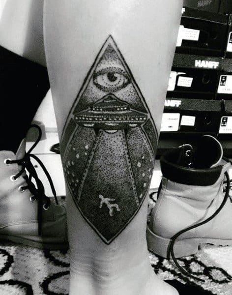 Guys Lower Leg One Eyed Grey Dotted Ufo Tattoo Design Ideas