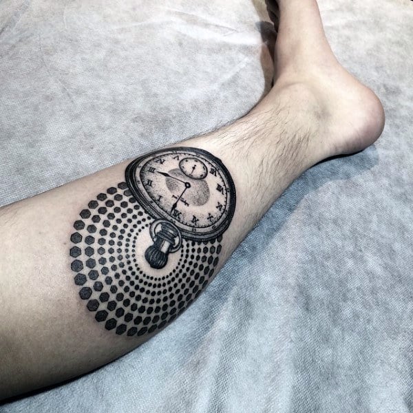 Guys Lower Legs Clock And Dotwork Design Tattoo