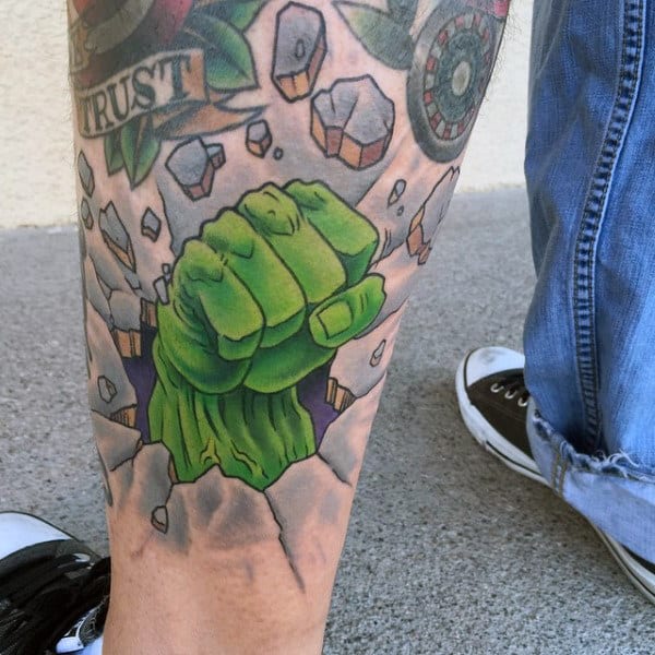 Guys Lower Legs Hulk Fist Breaking Wall Tattoo