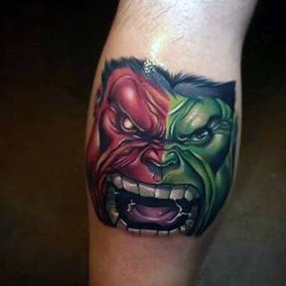 Guys Lower Legs Red Green Hulk Tattoo