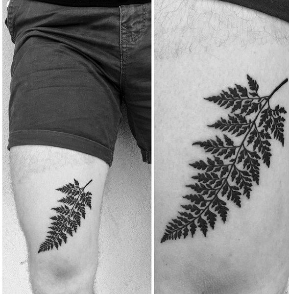 Guys Manly Thigh Fern Tattoo With Black Ink Design