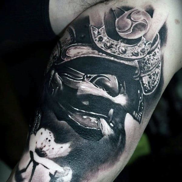 Guys Masculine Dark Shaded Samurai Mask Tattoo On Upper Arm