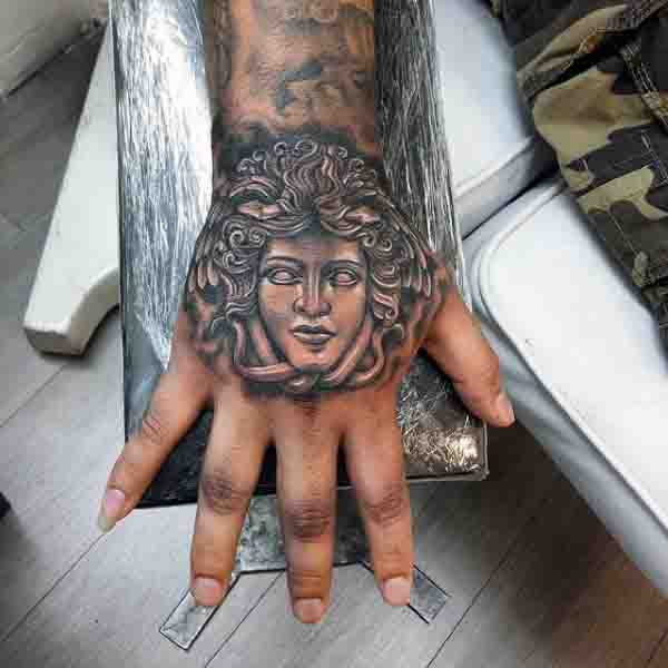 Guys Medusa Hand Tattoos With Shading Ink