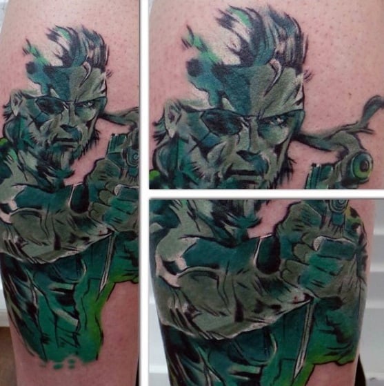 Guys Metal Gear Tattoos On Leg With Greek Ink