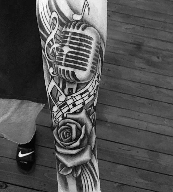 Guys Microphone Rose Flower And Music Staff Tattoo Design Ideas Forearm Sleeve