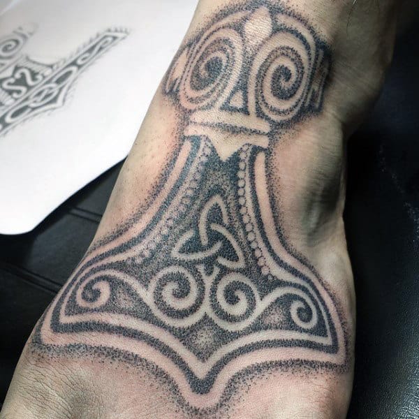 Guys Mjolnir Foot Tattoo With Dotwork Design