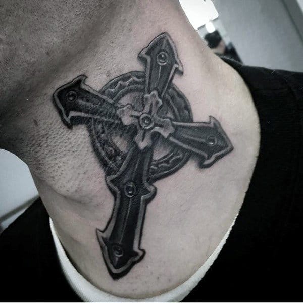 Guys Modern Celtic Cross 3d Neck Tattoo
