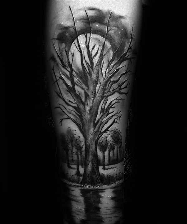 Guys Moon Over Water Forest Tree Arm Tattoo