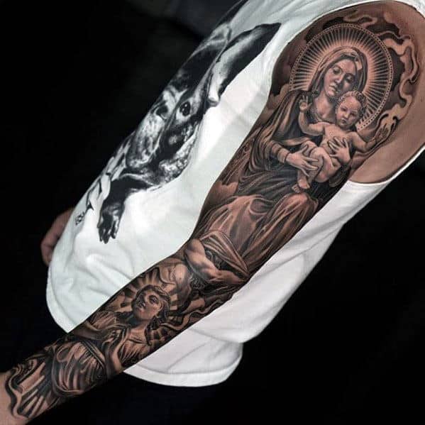 Guys Mother Mary Holding Baby Jesus Full Sleeve Tattoos