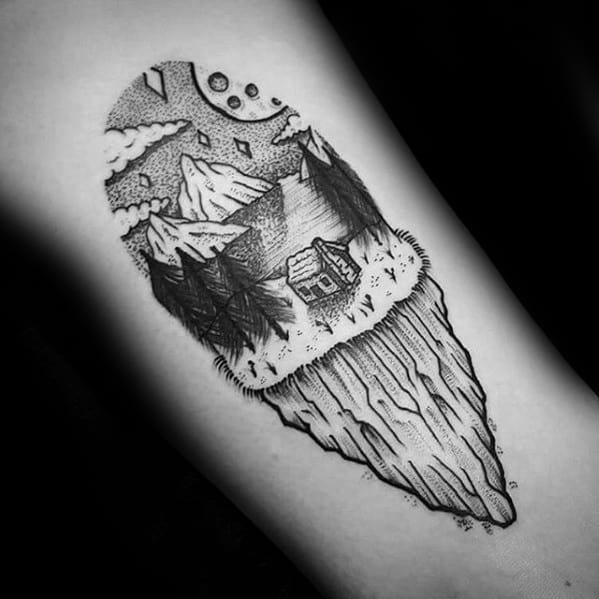 Guys Mountain Cliff With Cabin Forearm Tattoo
