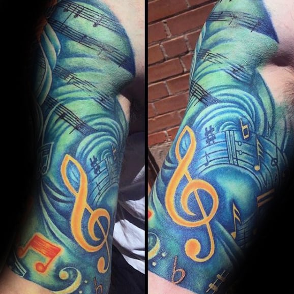 Guys Music Notes Tattoos Half Sleeve Design Ideas
