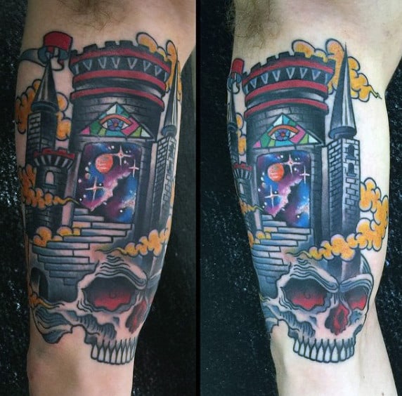 Guys Mysterious Universe Castle Tattoo With Skull On Bicep Of Arm