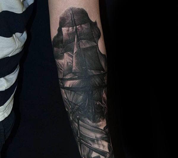 Guys Nautical Forearm Tattoo Of Sailing Ship With Dark Black And Grey Design