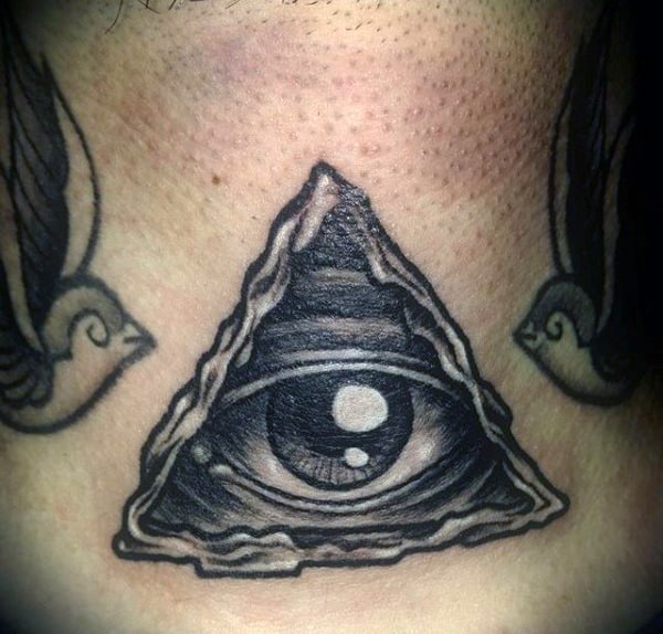 Guys Neck Black And White One Eyed Triangle Tattoo