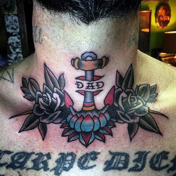 Guys Neck Flowers And Dad Tattoo