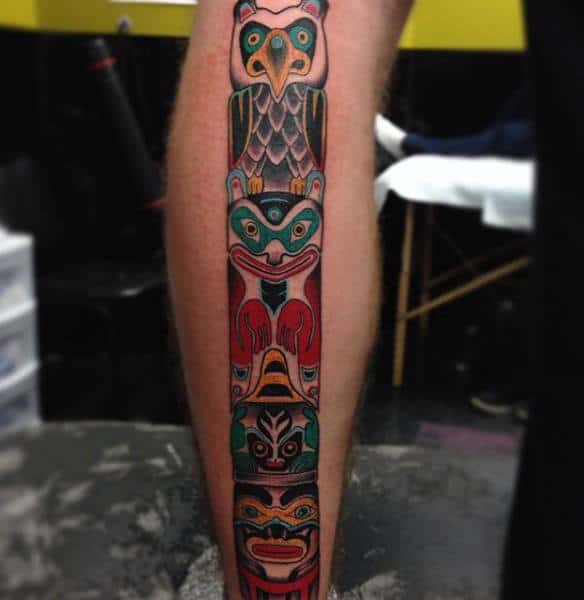 Guys Neo Traditional Totem Pole Calf Tattoo