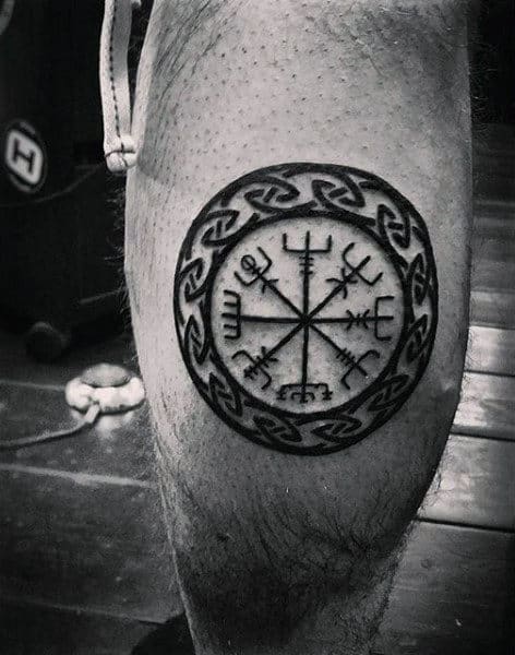 Guys Norse Rune Thigh Tattoo With Black Ink
