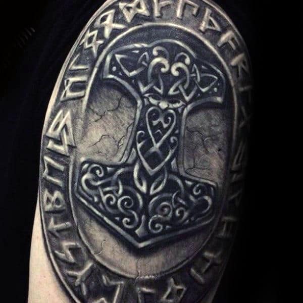 Guys Norse Stone Mjolnir Arm Tattoo Designs
