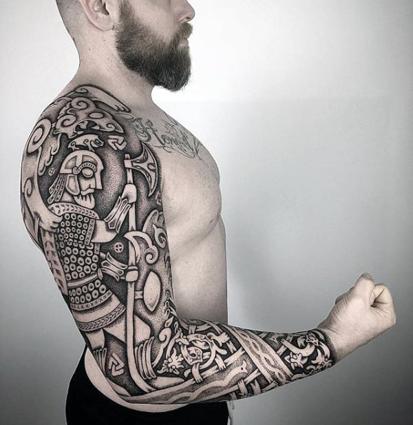Guys Norse Themed Full Sleeve Valknut Tattoo Ideas