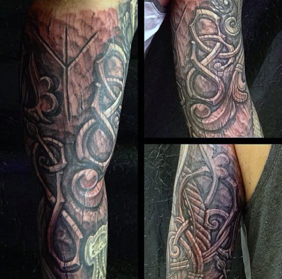 Guys Norse Wood Carving Full Arm Sleeve Tattoo Ideas