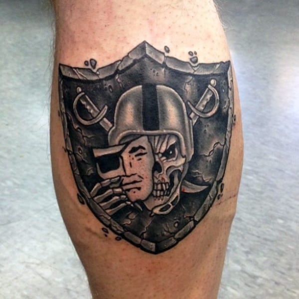 Guys Oakland Raiders Stone Leg Calf Football Tattoos