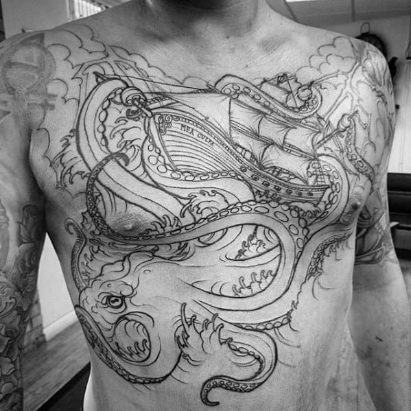 Guys Octopus Kraken With Sailing Ship Old School Chest Tattoos