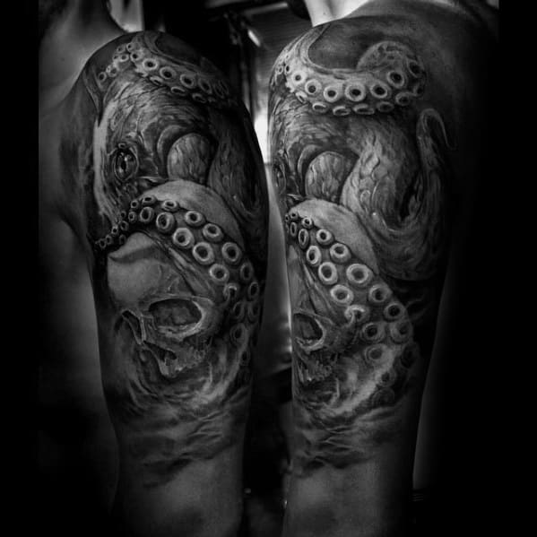 Guys Octopus Skull Half Sleeve Shaded Tattoo Design Ideas