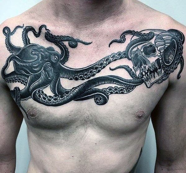 Guys Octopus Skull Tattoo Designs On Upper Chest