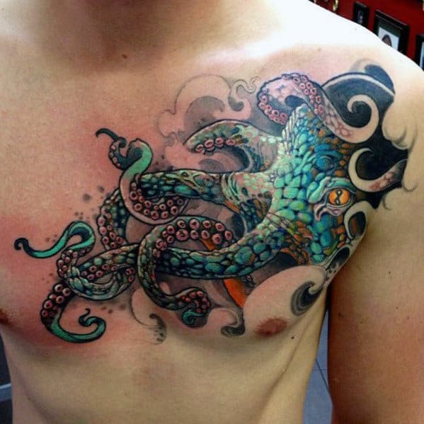 Guys Octopus Teal Upper Chest Tattoo