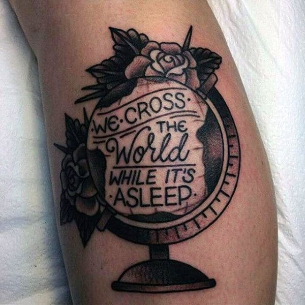 Guys Old School Bicep We Cross The World While Its Asleep Travel Tattoo Design