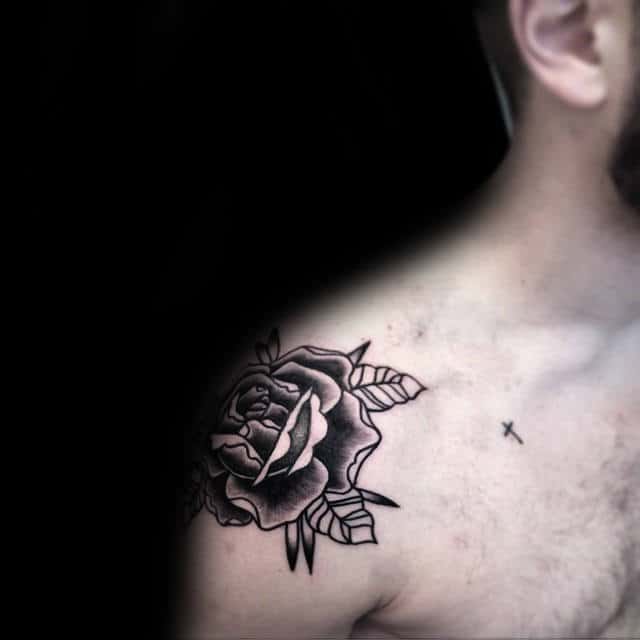 Guys Old School Shoulder Tattoo Of Black Rose