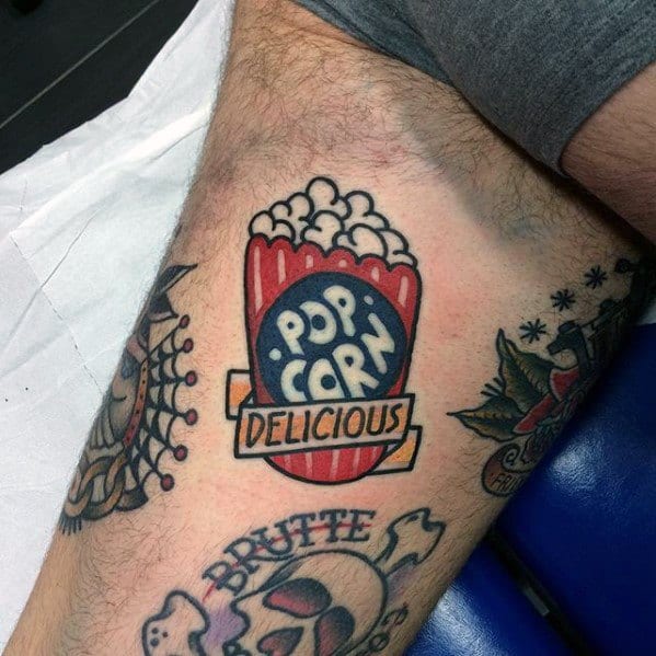 Guys Old School Small Colorful Popcorn Thigh Tattoo
