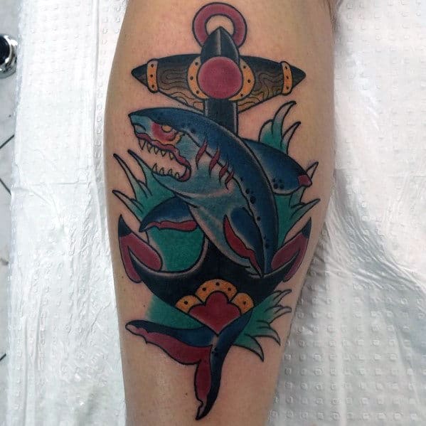Guys Old School Traditional Shark And Anchor Leg Tattoo