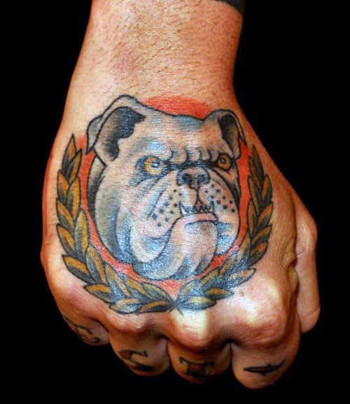Guys Olive Branch Bulldog Hand Tattoos