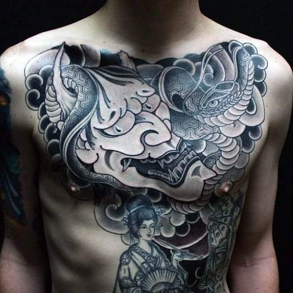 guys-oni-mask-with-snake-and-clouds-japanese-chest-tattoo