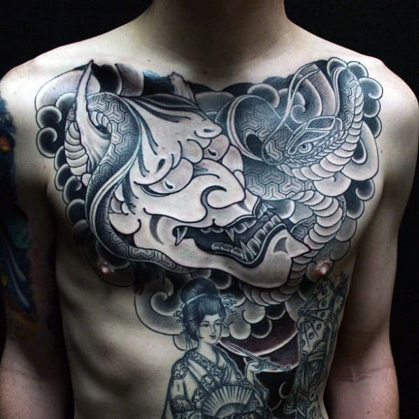 Guys Oni Mask With Snake And Clouds Japanese Chest Tattoo