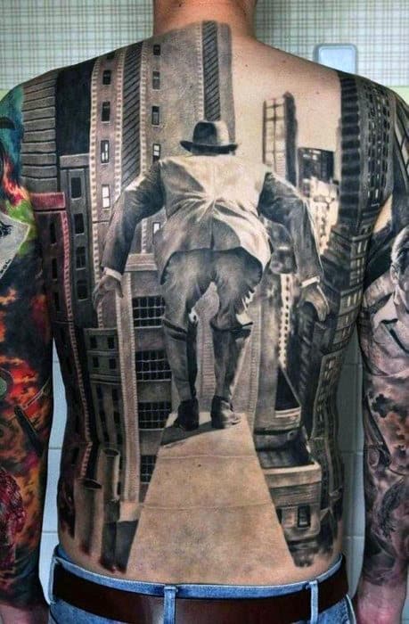Guys Optical Illusion Full Back Tattoo Of Man Leaping Off Building In City