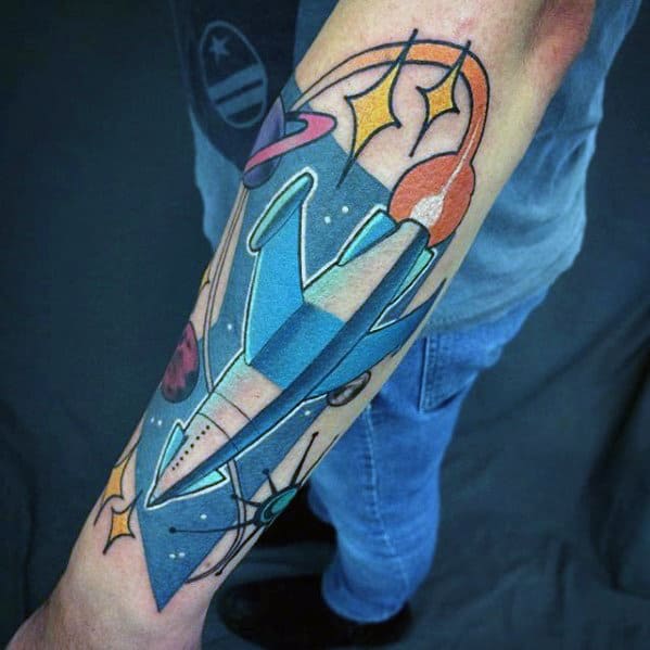 Guys Outer Forearm Artistic Rocket Ship Tattoo Ideas