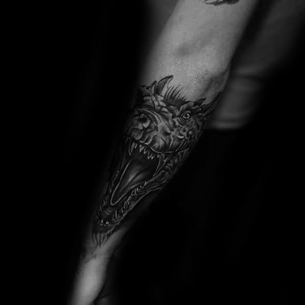 Guys Outer Forearm Dragon Head Shaded Tattoos