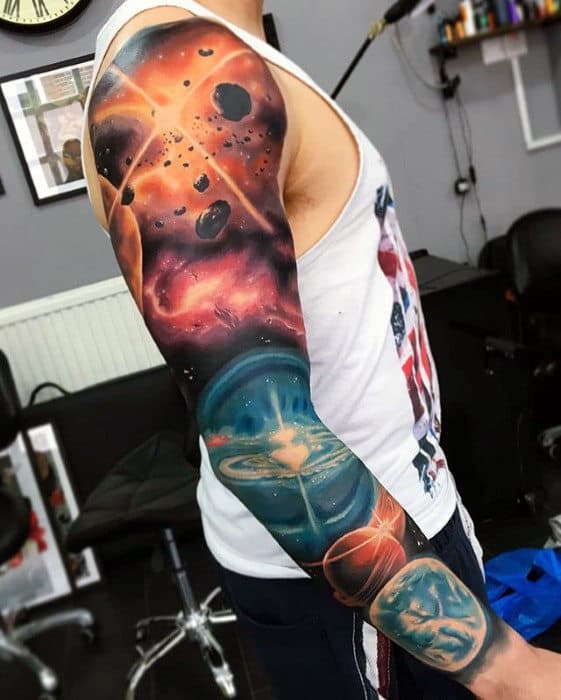 Guys Outer Space Planets Sky 3d Sleeve Tattoo