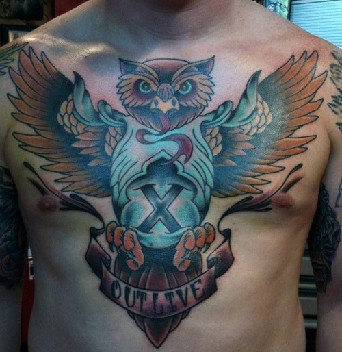 Guys Outlive Owl Tattoo Design On Chest