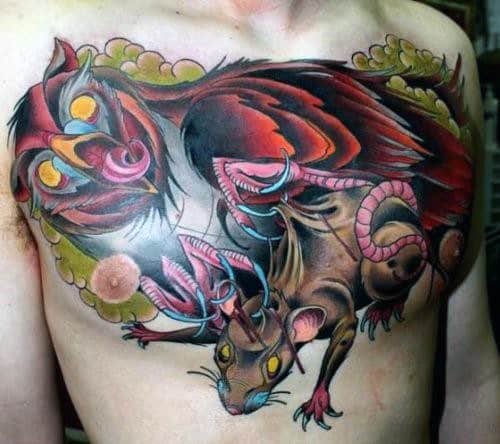 Guys Owl And Rat Chest Tattoo Design