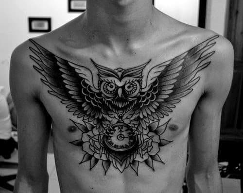 Guys Owl Chest Tattoos Sailor Jerry Style With Black Ink