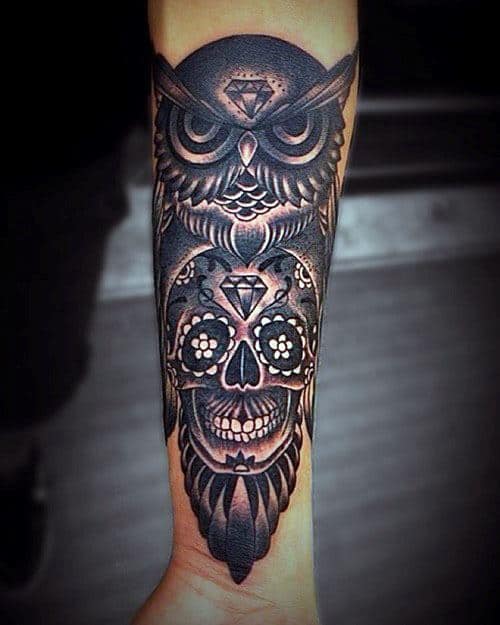 Guys Owl Skull Forearm Tattoo Designs