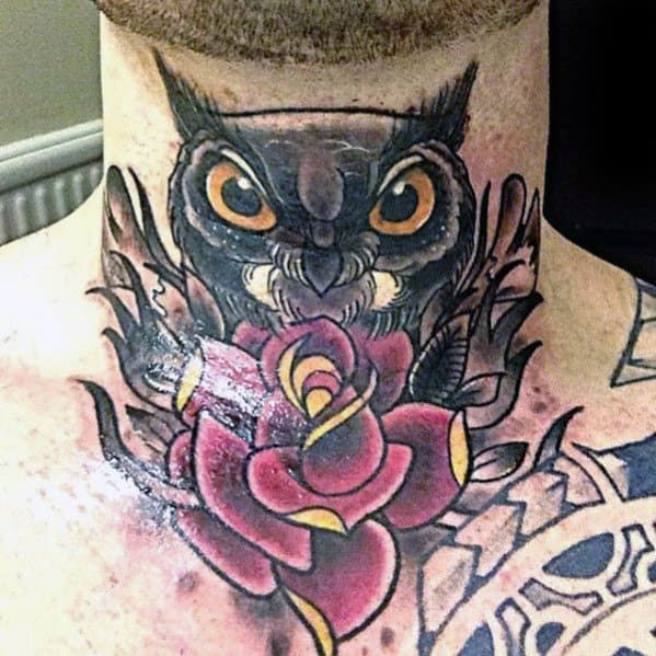 Guys Owl With Rose Flower Neck Tattoo Deisgns