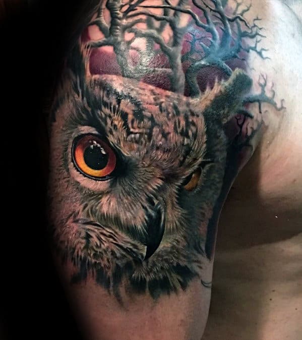 Guys Owl With Trees Realistic Upper Arm And Shoulder Tattoo