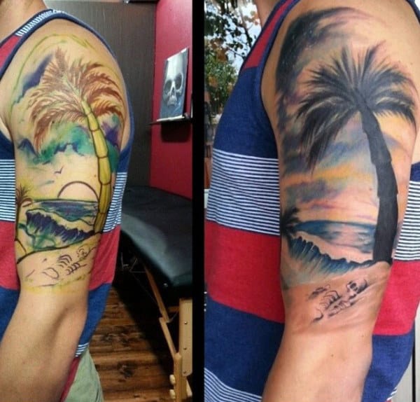 Palm tree tattoo on the back of the left arm
