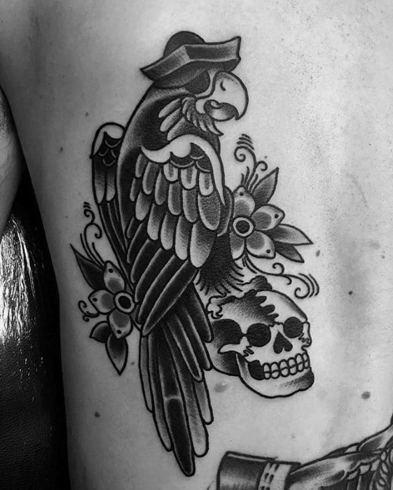 Guys Parrot With Skull Tattoo Design Ideas On Back