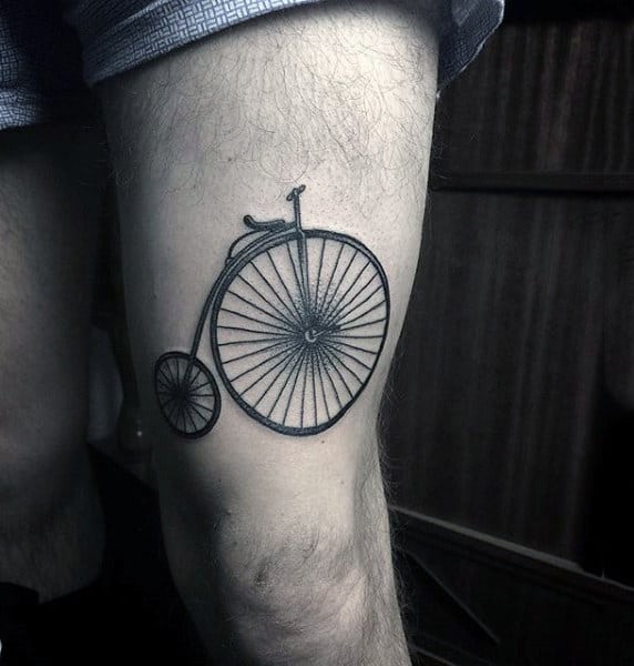 Guys Penny Farthing Bicycle Tattoo On Thighs
